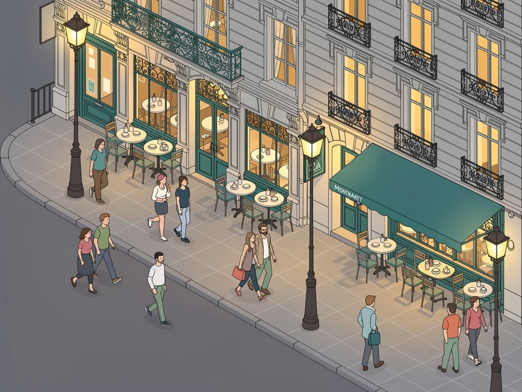 Rue animée de Montmartre en début de soirée